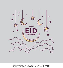  A beautiful vector design featuring twinkling stars and crescent shapes, symbolizing Ramadan nights with the text "Happy Eid Mubarak," perfect for festive greetings and decorations.