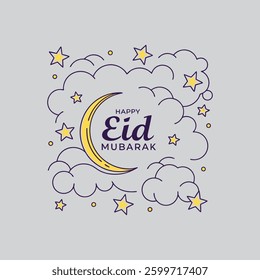 A beautiful vector design featuring twinkling stars and crescent shapes, symbolizing Ramadan nights with the text "Happy Eid Mubarak," perfect for festive greetings and decorations.