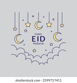  A beautiful vector design featuring twinkling stars and crescent shapes, symbolizing Ramadan nights with the text "Happy Eid Mubarak," perfect for festive greetings and decorations.