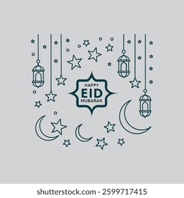  A beautiful vector design featuring twinkling stars and crescent shapes, symbolizing Ramadan nights with the text "Happy Eid Mubarak," perfect for festive greetings and decorations.