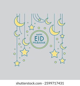  A beautiful vector design featuring twinkling stars and crescent shapes, symbolizing Ramadan nights with the text "Happy Eid Mubarak," perfect for festive greetings and decorations.