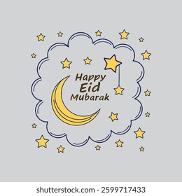  A beautiful vector design featuring twinkling stars and crescent shapes, symbolizing Ramadan nights with the text "Happy Eid Mubarak," perfect for festive greetings and decorations.