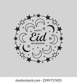  A beautiful vector design featuring twinkling stars and crescent shapes, symbolizing Ramadan nights with the text "Happy Eid Mubarak," perfect for festive greetings and decorations.