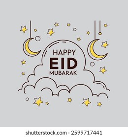  A beautiful vector design featuring twinkling stars and crescent shapes, symbolizing Ramadan nights with the text "Happy Eid Mubarak," perfect for festive greetings and decorations.