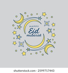  A beautiful vector design featuring twinkling stars and crescent shapes, symbolizing Ramadan nights with the text "Happy Eid Mubarak," perfect for festive greetings and decorations.