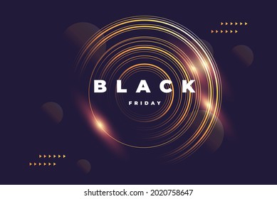 Beautiful vector design with golden circles and sparkling and arrows and lettering black Friday on the dark background