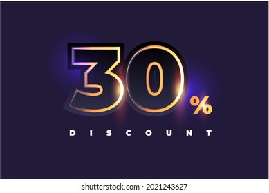 Beautiful vector design with golden lettering 30 percent discount and glowing on the black background