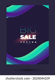 Beautiful vector design for poster with volumetric green and purple wavy lines and lettering big sale and glowing on the black background