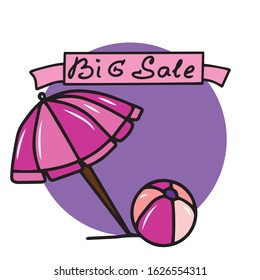 Beautiful vector design with text great discounts umbrella and ball. Design of banners and postcards.