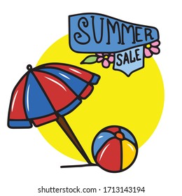 Beautiful vector design with text summer discounts umbrella and ball. Design of banners and postcards.