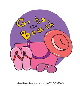 
Beautiful vector design it's time to go to the beach.Beach bag sneakers and glasses for relaxation. Design of banners and postcards.