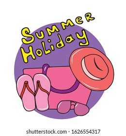 
Beautiful vector design it's time to go to the beach.Beach bag sneakers and glasses for relaxation. Design of banners and postcards.