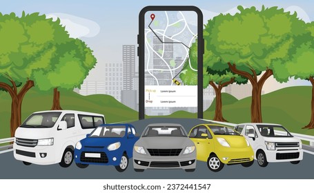 Beautiful vector design of vehicles and mobile phone on the city road