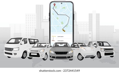 Beautiful vector design of vehicles and mobile phone on the city road