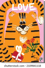 Beautiful vector designed card with cute tiger! for Valentine`s day and other selebrations. For girlfriend, boyfriend, wife, husband, couples. Cute decorative illustration to your valentine with love!