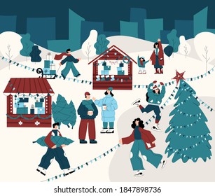 Beautiful vector detailed Christmas Fair banner with winter and holiday activities. People carrying xmas trees, ice skating, drinking mulled wine, having fun