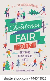 Beautiful vector detailed 'Christmas Fair' poster template with abstract winter and holiday activities. People carrying xmas trees, doing snow angels, ice skating, etc. 