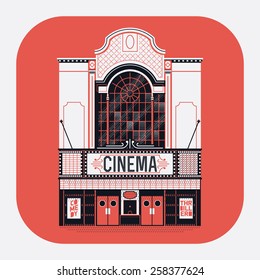 Beautiful vector detailed fully decorated classic motion picture movie film theater building facade with marquee signboard. Entertainment design element on cinema house front entrance