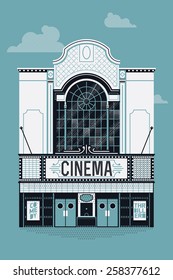 Beautiful vector detailed illustration of fully decorated classic motion picture movie film theater building facade with marquee signboard. Entertainment design element on cinema house front entrance