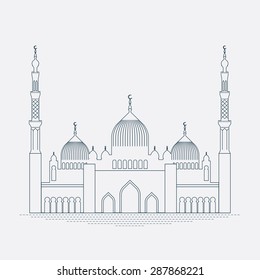 Beautiful vector detailed mosque contour. Architecture building line icon on islamic place of worship 