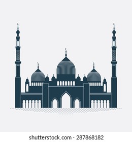 Beautiful vector detailed mosque silhouette. Architecture building icon on islamic place of worship 