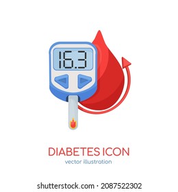 Beautiful vector diabetic icon. Glucometer cartoon sign. Blood glucose meter pictogram. Medical editable illustration in blue, red colors isolated on white background.