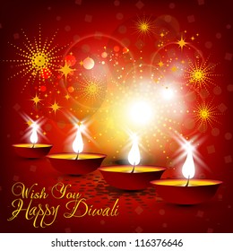 Beautiful vector Diwali card design in shiny glowing red color background with stylish text.