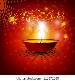 Beautiful vector Diwali Di ya in shiny glowing red color background with stylish text.