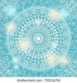 Beautiful vector diwali greeting card design. Creative and artistic mandala tattoo design on light blue background with shining lights and bokeh effect. Glaring Christmas snowflake pattern.