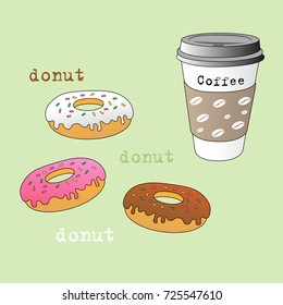 beautiful vector donuts and a cup of coffee