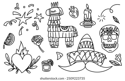 Hermosa ilustración de doodle de Vector, calavera, flores, corazón mexicano, Pinata, sombrero con bigote, tequila, lima. Dedicado a la festividad mexicana del 5 de mayo Cinco de Mayo. Plantilla de Vector