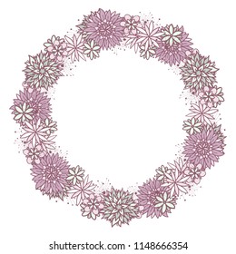 Beautiful vector doodle round floral girly frame with flowers in blue and violet on white background. Cute design with copy space for birthday card, banner, flyer, business card.