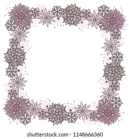 Beautiful vector doodle square floral girly frame with flowers in blue and violet colors on white background. Cute design with copy space for birthday card, banner, flyer, business card.