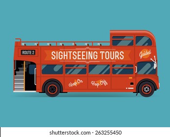 Beautiful vector double decker red sightseeing city tour bus, flat design. Touristic city visiting vehicle retro bus with open top, side view isolated
