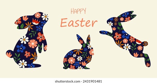 Beautiful vector easter banner. Floral spring colorful trendy background with decorative bunny. Different pose of the bunny. Isolated background. 