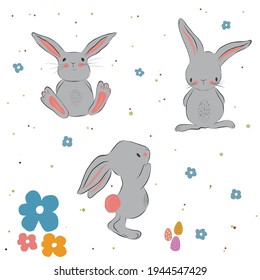 Beautiful vector easter bunnies with flowers 