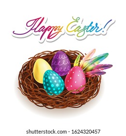 A beautiful vector Easter card with an image of a bird's nest, bright colored eggs, beautiful feathers and a hand-made inscription " Happy Easter!". Realistic 3D vector image.