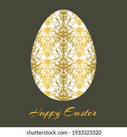 Beautiful vector Easter Egg with gold honey bees decoration on dark green background. Seasonal decorative greeting card with spring symbols and Happy Easter greeting.