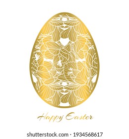 Beautiful vector Easter Egg with gold flower decoration on white background. Seasonal decorative greeting card with spring symbols and Happy Easter message.