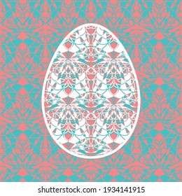 Beautiful vector Easter Egg pattern with white honey bees illustration on seamless blue and red decorative background. Ornamental greeting card with spring symbols.