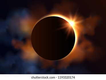 Beautiful vector eclipse illustration with yellow light rays and clouds in the dark sky