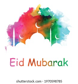 Beautiful Vector Eid Card with color splash Background and Mosque 