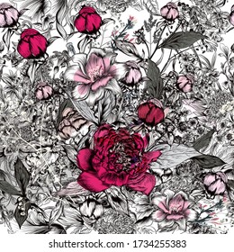Beautiful vector elegant pattern with hand drawn peony flowers, roses, herbs, plants in vintage style