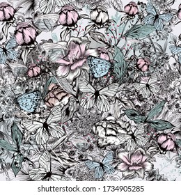 Beautiful vector elegant pattern with hand drawn peony flowers, roses, herbs, plants and white butterflies in vintage style