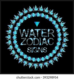 Beautiful vector emblem for zodiac signs. Floral hand-drawn letters, frames. Astrological, esoteric logo, symbol for fire air water earth element for design. Isolated on black background 
