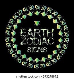 Beautiful vector emblem for zodiac signs. Floral hand-drawn letters, frames. Astrological, esoteric logo, symbol for fire air water earth element for design. Isolated on black background 
