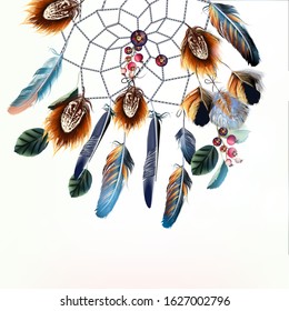 Beautiful vector fashion boho illustration with dreamcatcher feathers and berries