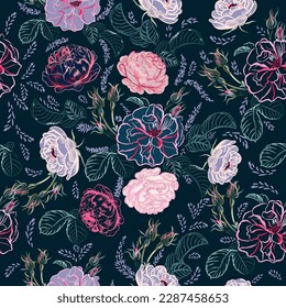 Beautiful vector fashion pattern with roses in vintage style for textile design