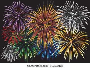Beautiful Vector Fireworks, on a black background.