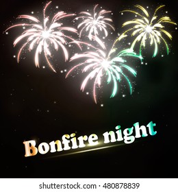 Beautiful Vector Fireworks, on a black background. Postcard with the day of bonfire
